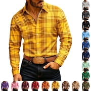 Rvwovn Men's Western Style Button Down Shirt, Classic Plaid Long Sleeve Fall Casual Dress Top