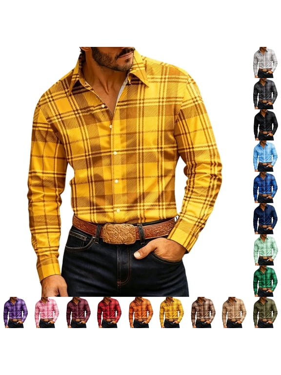 Men's Western Style Button Down Shirt, Classic Plaid Long Sleeve Fall Casual Dress Top