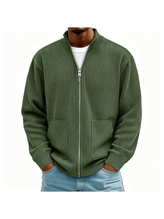 Men's Zip Up Mock Neck Jacket, Ribbed Corduroy Lightweight Fall Outerwear with Patch Pockets