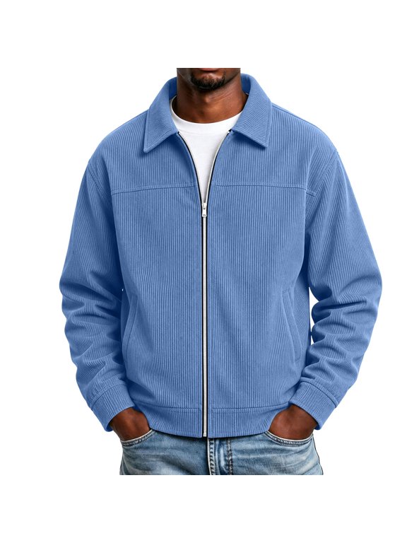 Mens Ribbed Corduroy Zip Up Jacket Casual Lapel Collar Outerwear Relaxed Fit Fall Wear