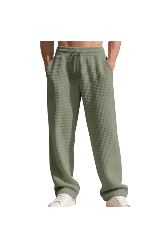 Mens Waffle-Knit Sweatpants - Wide Straight Leg, Drawstring Waist for Lounge & Casual Wear