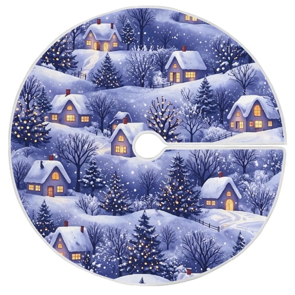 Rvynso Christmas Tree Skirt Purple Snowy Village Pattern Xmas Ornament Home Decorations 35.4"