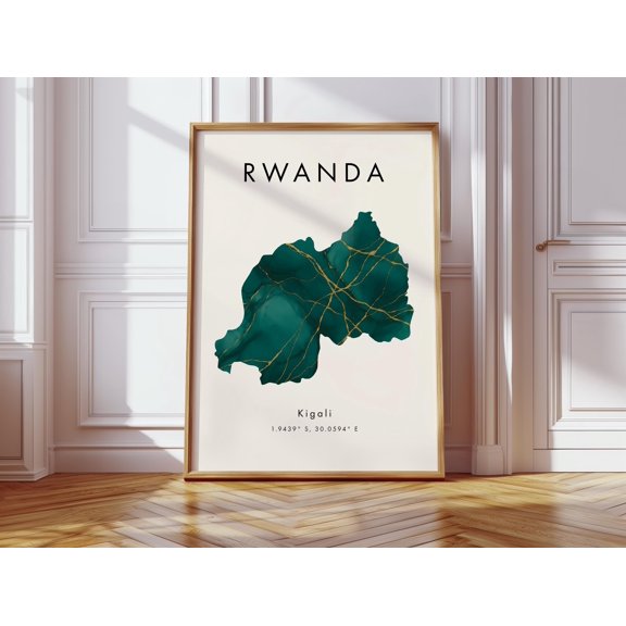 Rwanda Map Poster Green and Gold Africa Wall Art Print Home Decor Geography Map Gift Wallpaper