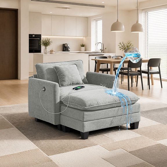 Rwcoet 41" Modern Chenille Single Seat with Ottoman,Oversized Sectional Sofa Chair with Deep Seat for Bedroom Apartment,Water-Repellent Stain-Resistant Fabric,USB Charging Port,Light Gray