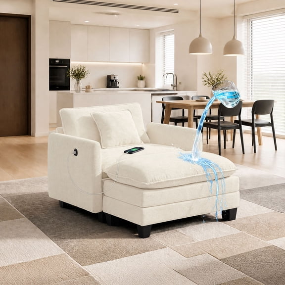 Rwcoet 41" Modern Chenille Single Seat with Ottoman,Oversized Sectional Sofa Chair with Deep Seat for Bedroom Apartment,Water-Repellent Stain-Resistant Fabric,USB Charging Port,Beige