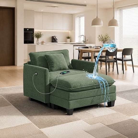Rwcoet 41" Modern Chenille Single Seat with Ottoman,Oversized Sectional Sofa Chair with Deep Seat for Bedroom Apartment,Water-Repellent Stain-Resistant Fabric,USB Charging Port,Green