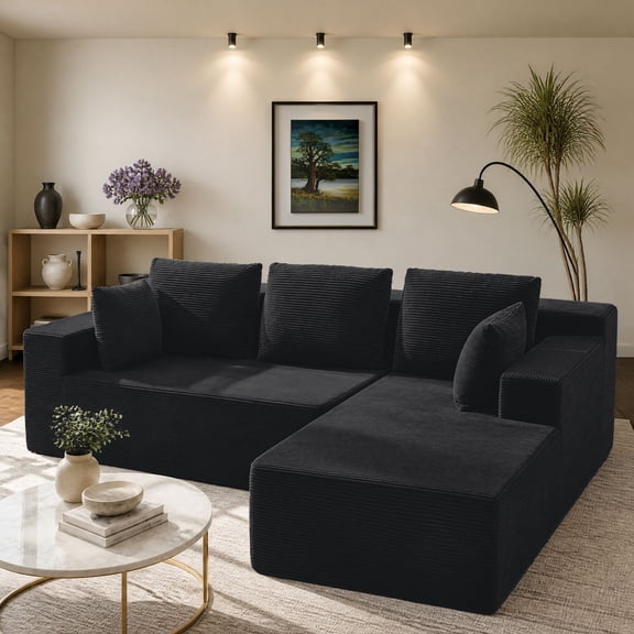 Rwcoet Modular Sectional Couch,Modern Oversized L-Shape Boneless Cloud Couch with Two-Tone Foam for Living Room,No Assembly Required,Black Corduroy,Right Chaise