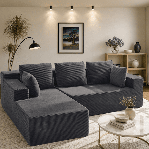 Rwcoet Modular Sectional Couch,Modern Oversized L-Shape Boneless Cloud Couch with Two-Tone Foam for Living Room,No Assembly Required,Dark Grey Corduroy,Left Chaise
