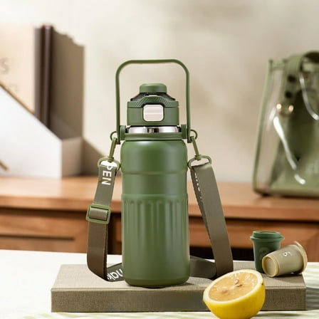 1000ml Stainless Steel Insulated Cup Double Lid Straw Vacuum Flask with Portable Handle Leak-Proof for Hot Cold Drinks Travel Hiking Green