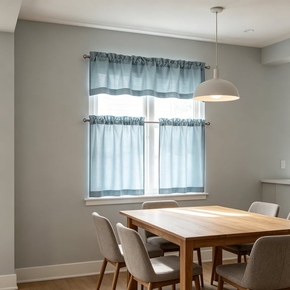 Rwvbm 3-Piece Light Blue Kitchen Curtain Set, Solid Color Rod Pocket Tier and Valance for Cafe, Basement and Bathroom, Light Filtering, 3 Pieces