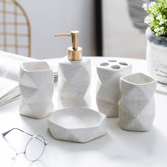 Rwvbm 5-Piece Ceramic Bathroom Accessory Set, Includes Soap Dispenser, Toothbrush Holder, 2 Rinse Cups and Soap Dish, Stylish Vanity Countertop Decor