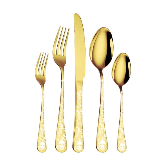 Rwvbm 5-Piece Skull Stainless Steel Cutlery Set, Gothic Flatware with Matte Black Finish, Halloween Patterned Knife Fork Spoon Tableware Kit