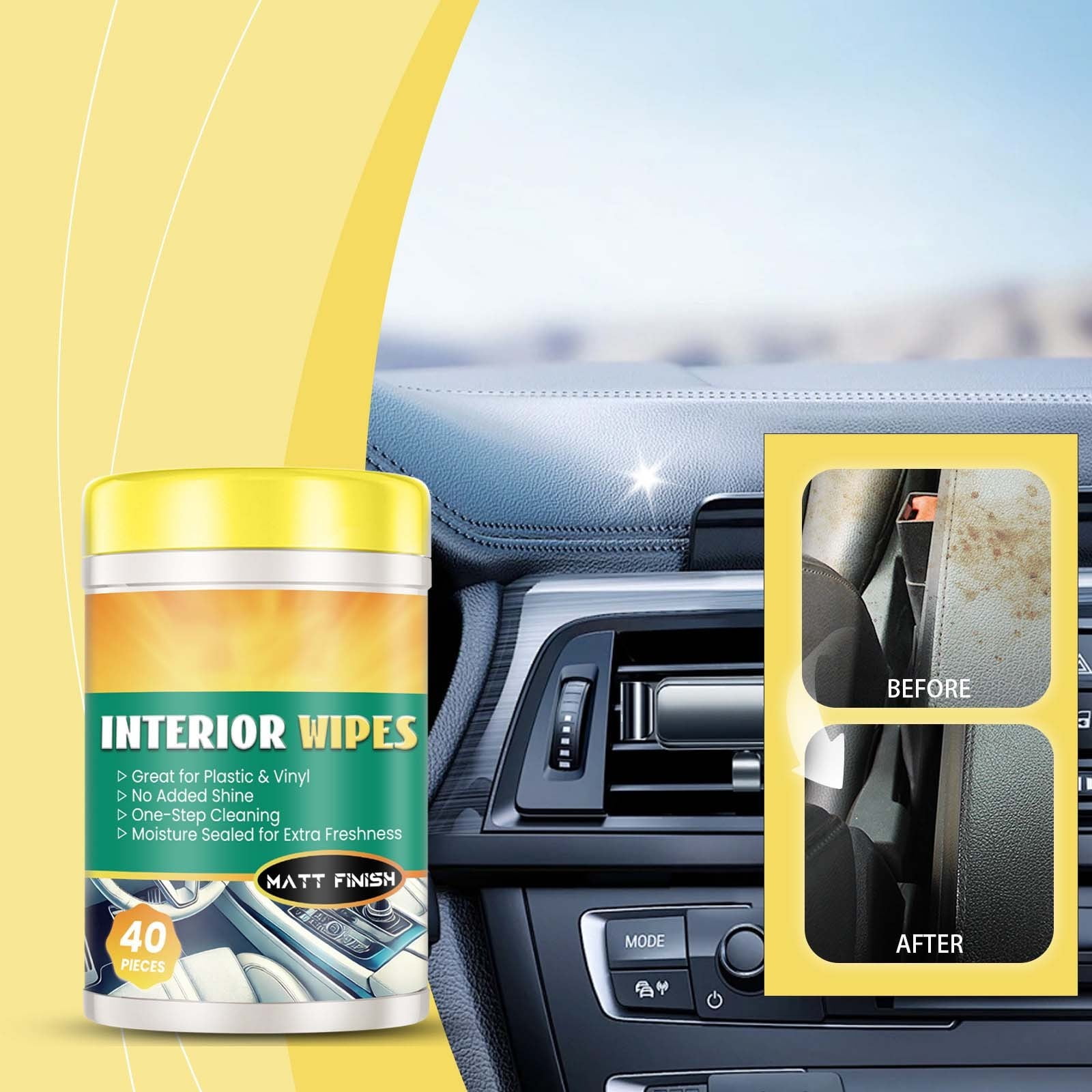 Car Interior Cleaning Wipes 40-Count-Purpose Degreasing & Brightening Wet Wipes for Leather,Plastic & Fabric 50ml Portable Bottle Auto Detailing Wipes for Seats,Dashboard & Carpets