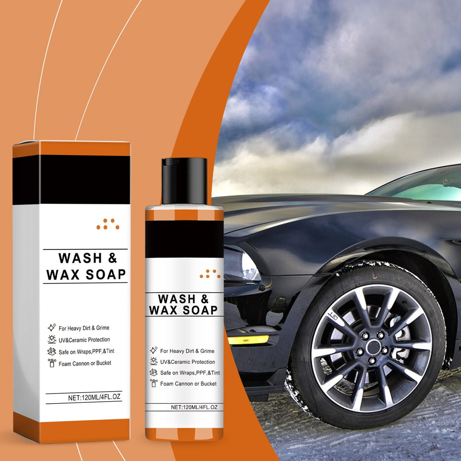 Rwvbm Car Wash Concentrate Shampoo-120ml Wax Polish with Ceramic Protection,Foam Cleaning for Mud Bird Droppings,Safe for PPF & Tint (Refreshing Orange,1 Bottle)