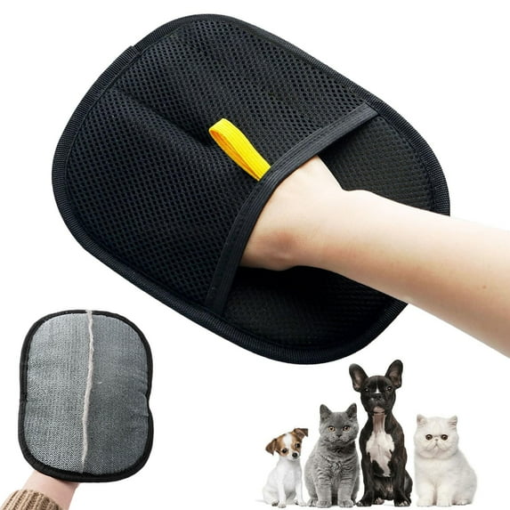 Double-Sided Pet Grooming Gloves for Dogs Cats-Reusable Hair Remover Deshedding Glove for Washing,Brushing Bathing-Black Yellow,24 x 18.5cm
