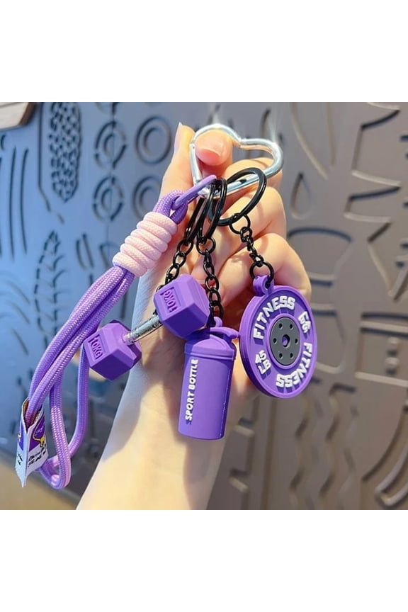 Fitness Keychain Set with Mini Dumbbell and Water Cup Pendants, Sport Barbell Training Gym Accessories for Bags and Backpacks, Purple