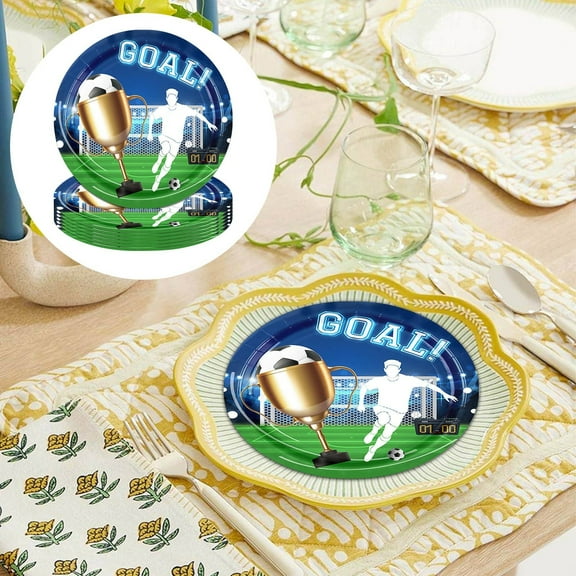 Football Party Supplies Set-16 Disposable Blue Paper Plates & Tablecloth|Birthday Decorations|Sports Theme Party|Easy Clean-Up