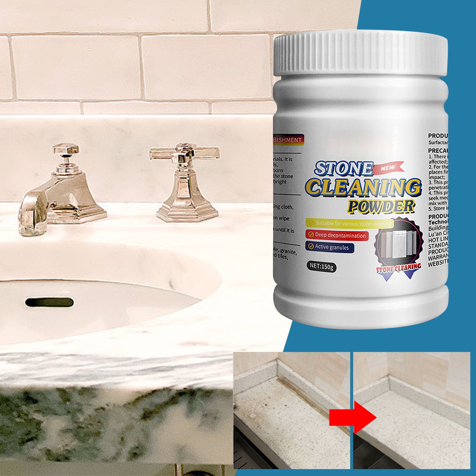 Rwvbm Granite & Tile Cleaner Powder Rust,Grease & Watermark Remover No-Water Technology Safe for Quartz,Engineered & Delicate Surfaces Protective Polishing Agent (1 Pack)