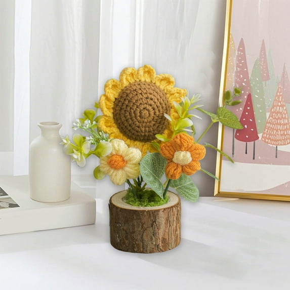 Hmade Crochet Flower Potted Plant Artificial Knitted Flowers for Home & Office Desk Decor Car Dashboard Decoration 5.5 Multicolor Gift for Women