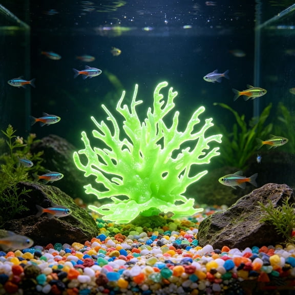 Rwvbm Luminous Artificial Coral for Aquarium, Glow in the Dark Fish Tank Decor, Resin Reef Rock Ornament with Hideout for Freshwater Saltwater