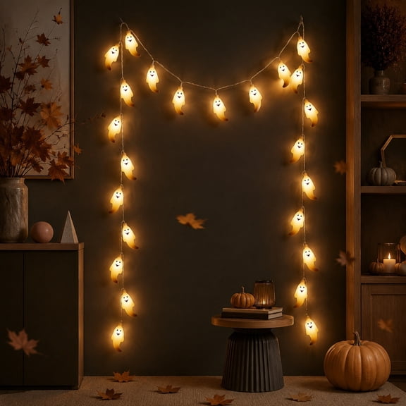Rwvbm Plastic Ghost LED String Lights, Warm White Warm Yellow Light Garland for Indoor Wall Hanging Party Ambient Decoration