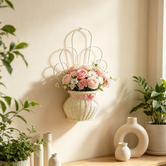 Rwvbm Wall Mounted Flower Basket, No Drilling Faux Rattan Woven Vase for Living Room and Patio, Lightweight Indestructible Planter, Pink