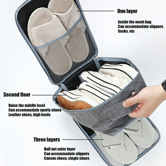 Waterproof Travel Shoe Bag 3-Layer Storage Pouch Holds 4 Pairs of Shoes Gray Cloth Organizer (14x23x31cm) for Luggage Gym,Camping & Daily Use