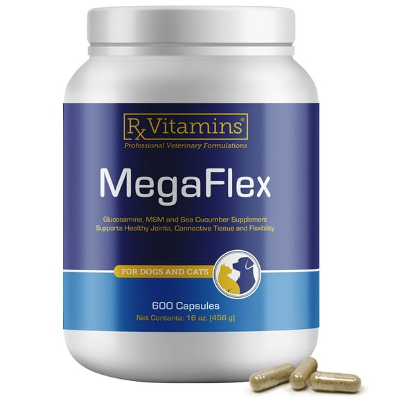 Rx Vitamins MegaFlex Cat and Dog Joint Supplement - Glucosamine Sulfate with MSM, Vitamin C, & Sea Cucumber - Supports Joint Flexibility and Mobility - For All Breeds and Sizes - 600 capsules