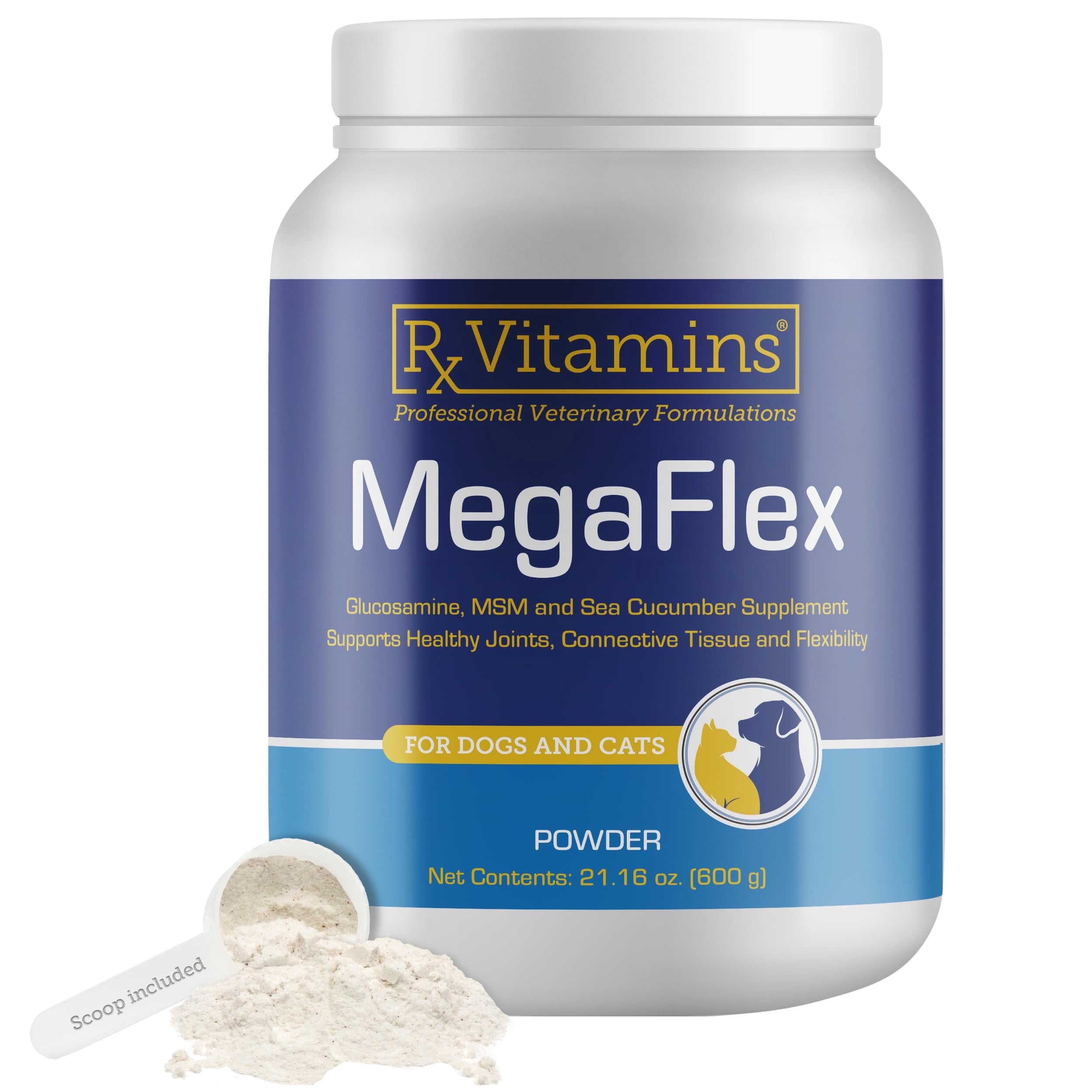 Rx Vitamins MegaFlex - Glucosamine Sulfate with MSM - Cat & Dog Hip and Joint Supplement - Contains Vitamin C and Sea Cucumber - Supports Joint Health and Flexibility - 600g