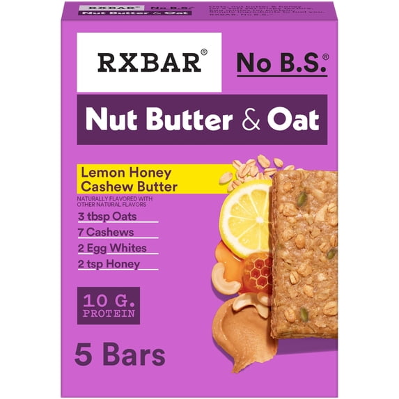 RXBAR Nut Butter and Oat, Lemon Honey Cashew Butter Gluten-Free Protein Bars, 5 Count