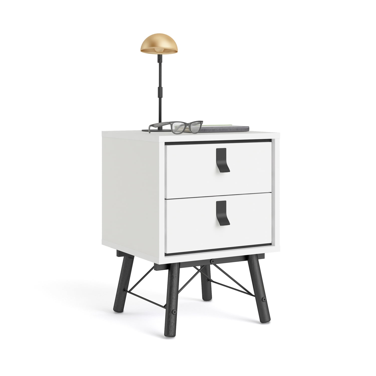 Ry 2-Drawer Nightstand in White Matte & Black with Metal Handles
