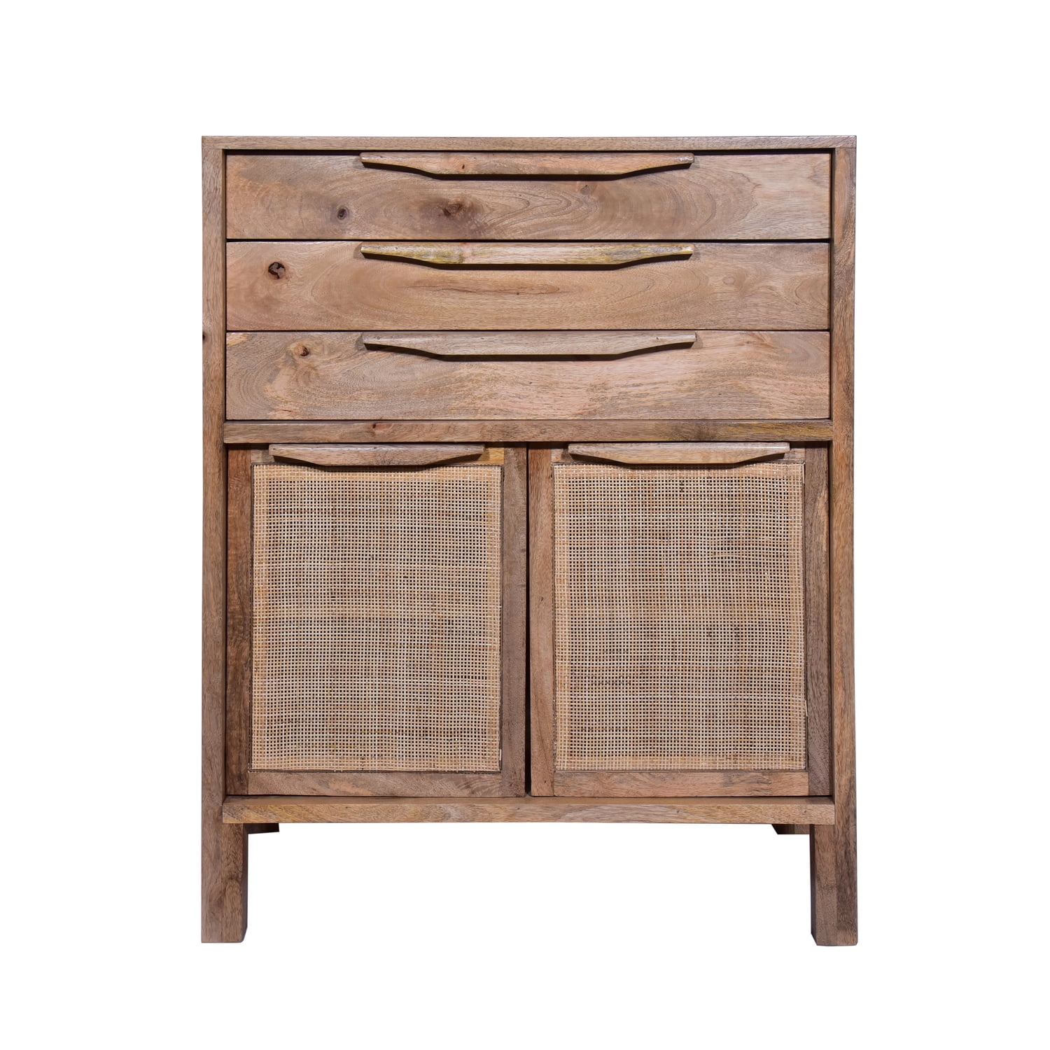 Ryan 40 Inch Cottage Mango Wood Dresser Storage Cabinet, 3 Drawers, Cane Rattan Panels Doors, Natural Brown