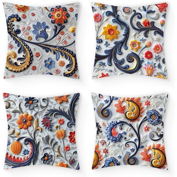 Ryan; 4pcs Ethnic Style Throw Pillow Covers, 18 x 18 Inches Color Flowers Printed Cushion Couch, Square Short Plush Pillowcases for Home Farmhouse Living Room Sofa Chair Decor