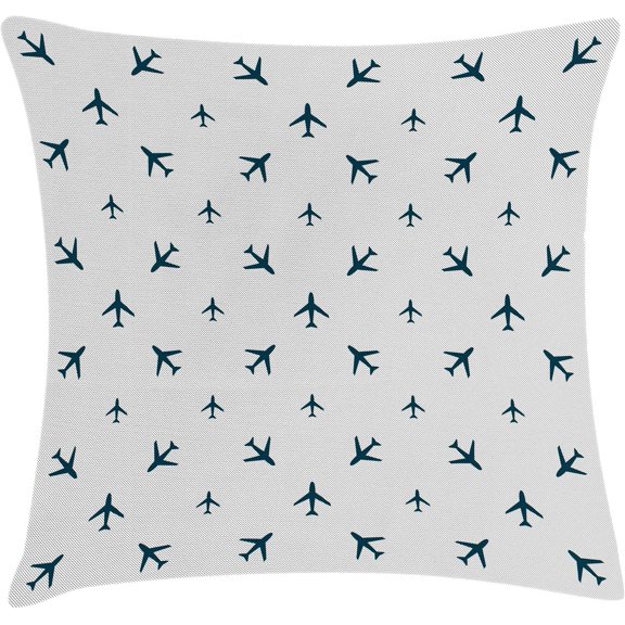 Ryan; Airplane Pillow Cushion Cover Pack of 4, Diagonal Stripes Travel Silhouettes Vacation Aviation, Decorative Square Accent Pillow Case, 4 Pcs-18" x 18", Petrol Blue Black White