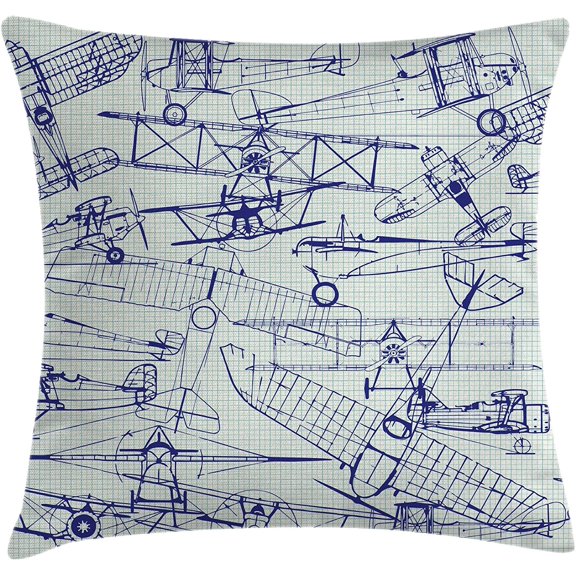Ryan; Airplane Throw Pillow Cushion Cover, Old Airplane Drawings Classic Dated Flight Vintage Style Nostalgic Jets, Decorative Square Accent Pillow Case, 18" X 18", Violet Blue Turquoise