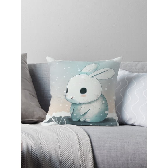 Ryan; Arctic Hare in Snow Throw Pillow Cover 45x45cm – Cute Winter Bunny Cushion for Cozy Cabin Decor