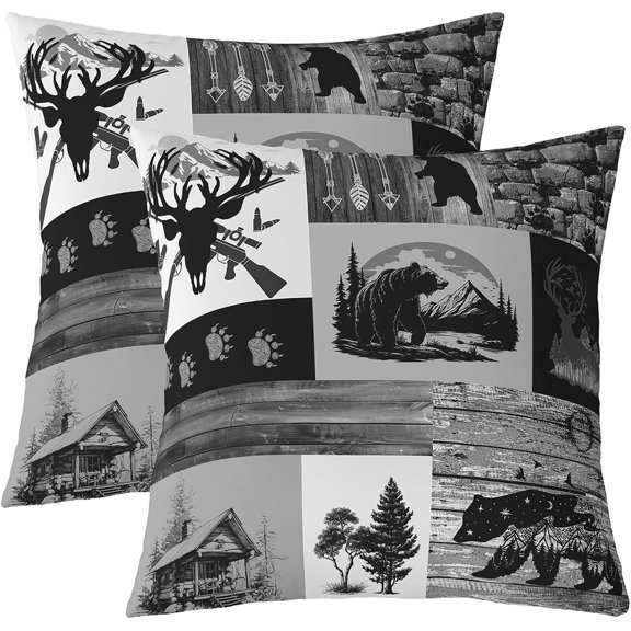 Ryan; Bear Paw Reversible Throw Pillow Covers, 18 x 18-Inch, Set of 2, Rustic Cabin Country Pillow Covers, Home Decor, Wildlife Bear Stone