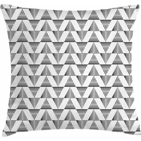 Ryan; Black and White Pillow Cushion Cover Pack of 2, Striped Triangles up and Down in Scribble Style Boho Illustration, Decorative Square Accent Pillow Case, 2 Pcs-18" x 18", Black White