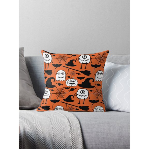 Ryan; Black and White Witch Pattern Pillow Cover 45x45cm – Bold Orange Halloween Decor