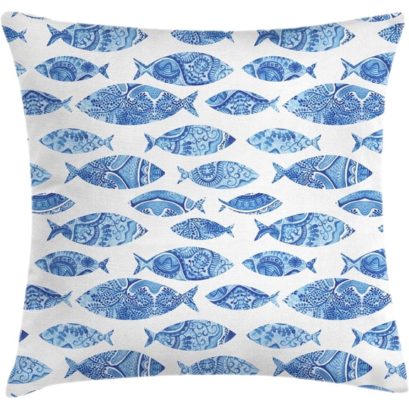 Ryan; Blue Throw Pillow Cushion Cover, Fish Sea Animal with Ottoman Ornate Mosaic Hand Drawn Style Marine Artwork, Decorative Square Accent Pillow Case, 18" X 18", Blue