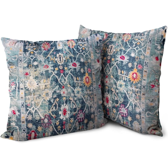 Ryan; Boho Blue Throw Pillow Covers 18x18 inch Set of 2, Bohemian Carpet Double Sided Pattern Soft Plush Cushion Cover for Couch Sofa Bed Decorative, Only Pillowcase (No Insert)