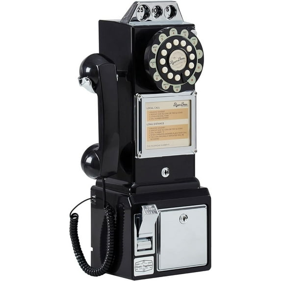Ryan Bros. American Retro 1950's Payphone with Coin Bank Wall-Mount Corded Phone (Black)