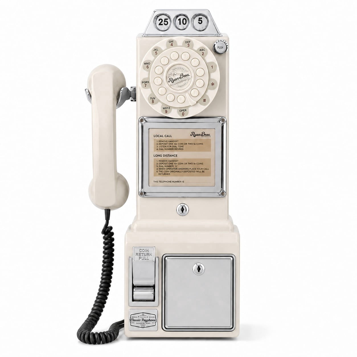 Ryan Bros 1950's Payphone, Coin Bank Wall-Mount Corded Phone, Pink