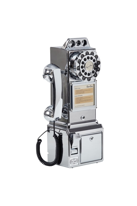 Ryan Bros. American Retro 1950's Payphone with Coin Bank Wall-Mount Corded Phone (Silver Chrome)