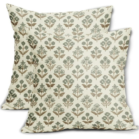 Ryan; Brown Green Floral Block Print Pillow Covers 18x18 Inch Set of 2, Vintage Flower Pattern Decorative Throw Pillowcases Outdoor Farmhouse Cushion Covers Spring Summer Rustic Sofa Couch Bed Decor