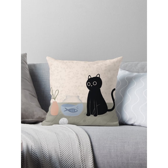 Ryan; Curious Black Cat Throw Pillow, Cute and Mysterious Cat Design Decorative Cushion for Cat Lovers and Home Decor
