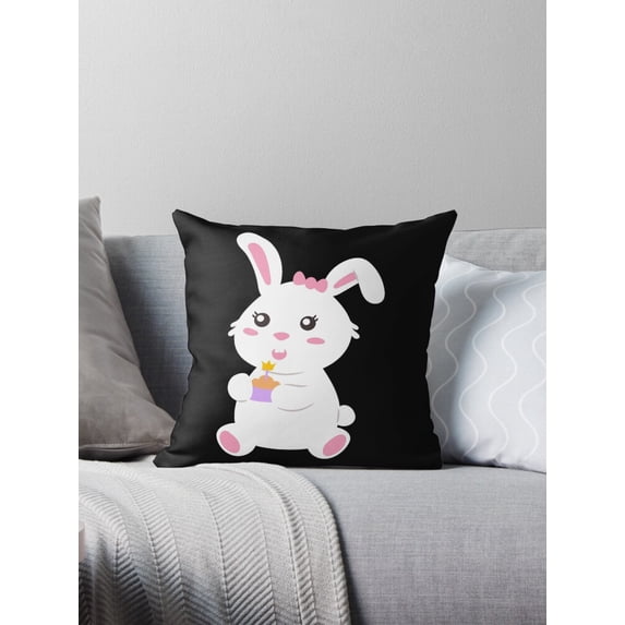 Ryan; Cute Bunny with Cupcake Throw Pillow Cover 45x45cm – Sweet Dessert Rabbit Cushion for Kids & Kitchen Decor