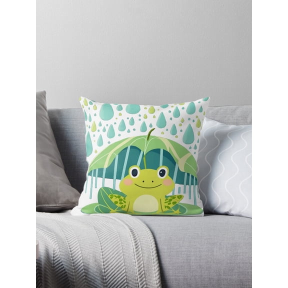 Ryan; Cute Frog Hiding Under Leaf Throw Pillow – Whimsical 45x45cm Nature Scene for Rainy Day Vibe