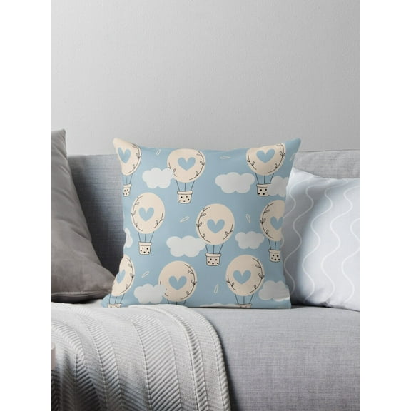 Ryan; Cute Lovely Seamless Hot Air Balloon and Heart Pattern Throw Pillow – Whimsical Cushion for Nursery, Bedroom, or Living Room Decor, Soft Fabric, 18×18"