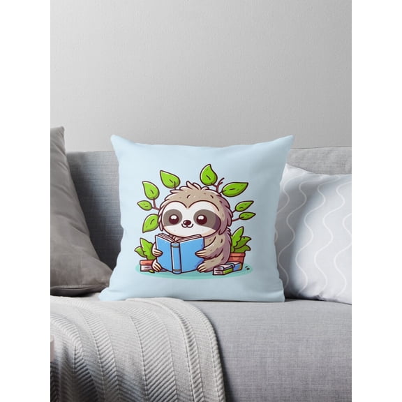 Ryan; Cute Sloth Reading in Jungle Leaves Throw Pillow – Adorable 45x45cm Cushion for Book Lovers, Kids Room or Jungle Decor